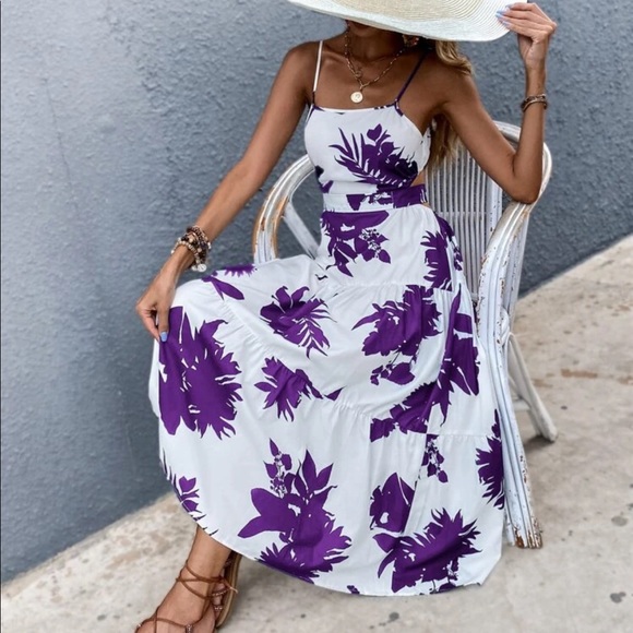 Boho blue white floral tropical print tie back maxi dress - Picture 14 of 14